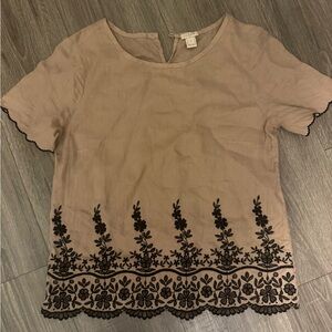 J. Crew Beige and Black Floral Embroidered Blouse
